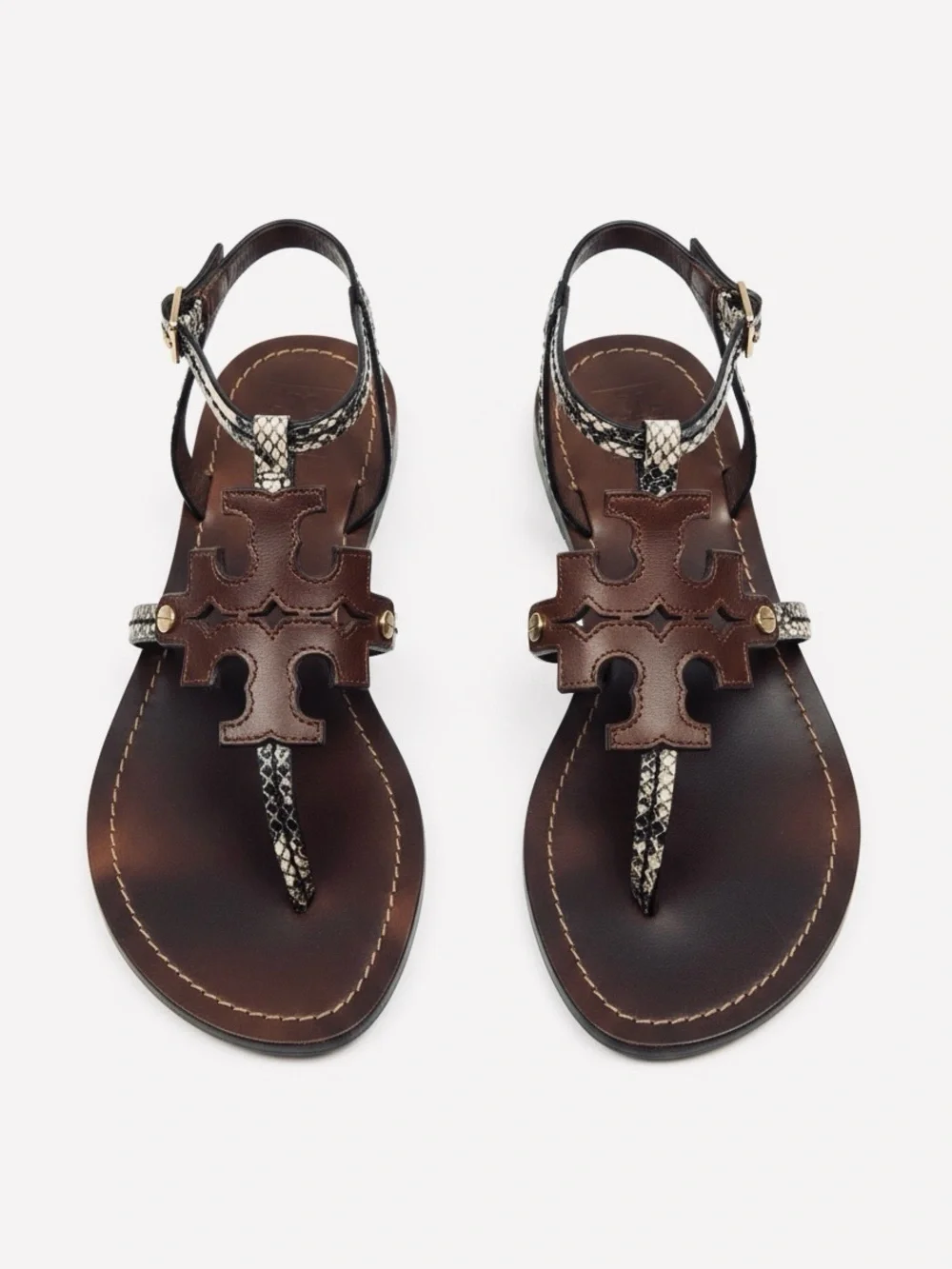Tory Burch Phoebe Flat Thong Ankle Sandals size 7.5 in Brown Snake Print